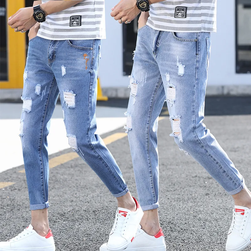 Fashion Denim Trousers Ankle-Length Ripped Holes Slim Fit Denim Pants  Korean Style Washable Men Jeans Daily Garment - AliExpress