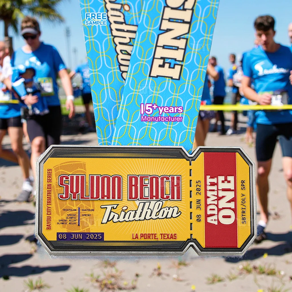 Premium Custom Metal Beach Triathlon Finisher Medal UV Printed Graphic Personalized Design for Ironman Race Achievers