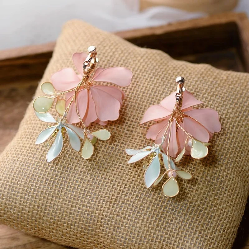 Korean Pink Floral Earrings Korean Pink Flower Handmade Earrings