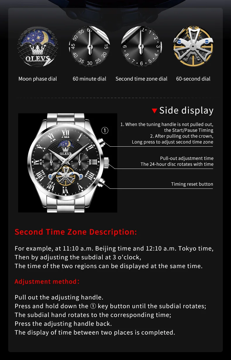 OLEVS 3640 Men's Watches TOP Brand Chronograph Moon Phase Roman Scale Stainless Steel Luminous Hands Waterproof Man Wristwatches