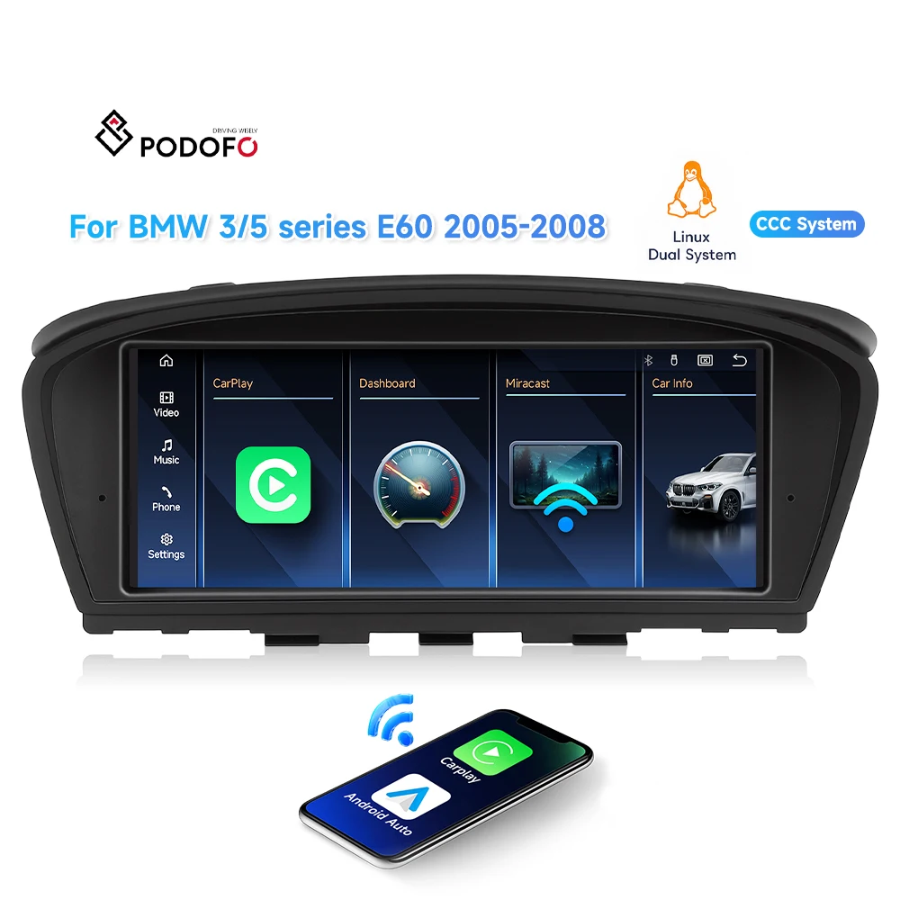 Podofo, 8,8-дюймова автомобільна стереосистема з бездротовим CarPlay та Android Auto для BMW серій 3/5, E60 (2005–2008), оригінальна система CCC + Linux, двохсистемна OEM-модель A4714