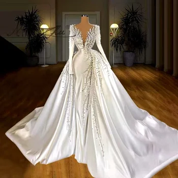 Jancember ARSM67215 Luxury Sequin Long Sleeves Bridal Gowns Mermaid Wedding Dress
