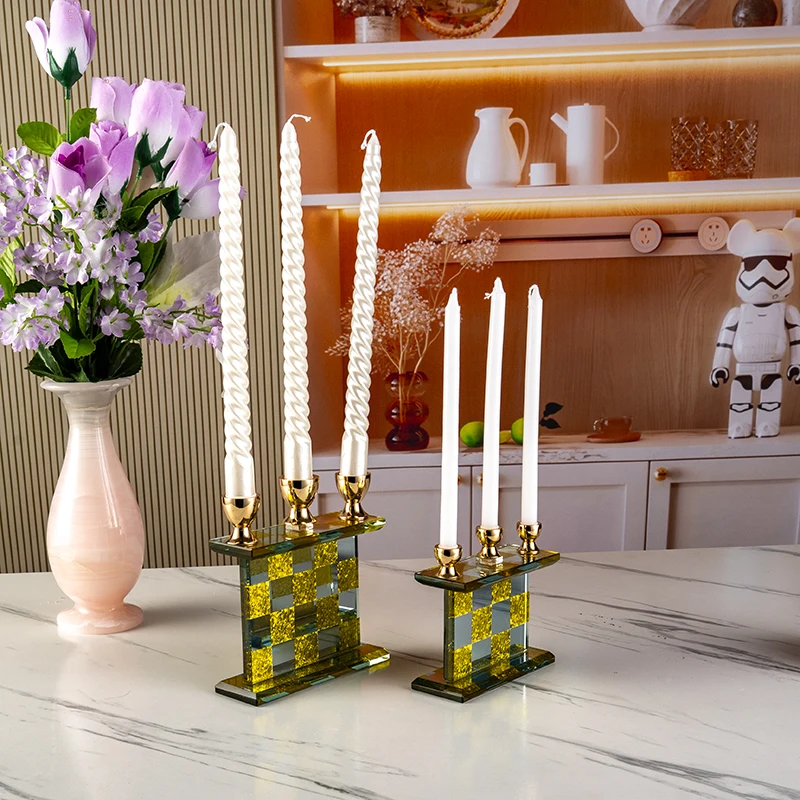 New Design Compact Gold Mirror Glass Candlestick Wedding Home Decoration Crystal Candlestick