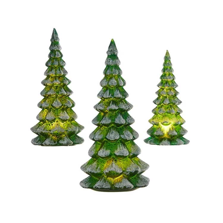 Set of 3 white snowy green mercury glass led lighted indoor Christmas tree figure