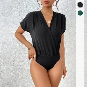 For Independent Station Hot Summer Casual Satin Black Short-sleeved V-neck Simple Draped Jumpsuit