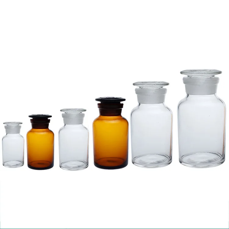 Factory Sale 125ml 250ml 500ml 1000ml Glass Amber Apothecary Jars With Glass Stopper Decorative Laboratory Reagent Vial