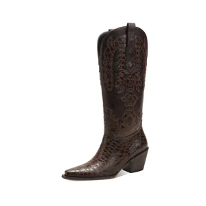 Women's Brown Vintage Floral Pattern Cowboy Boots Embossed Western Style Pointed Toe Height Increasing Knee-High for All Winter