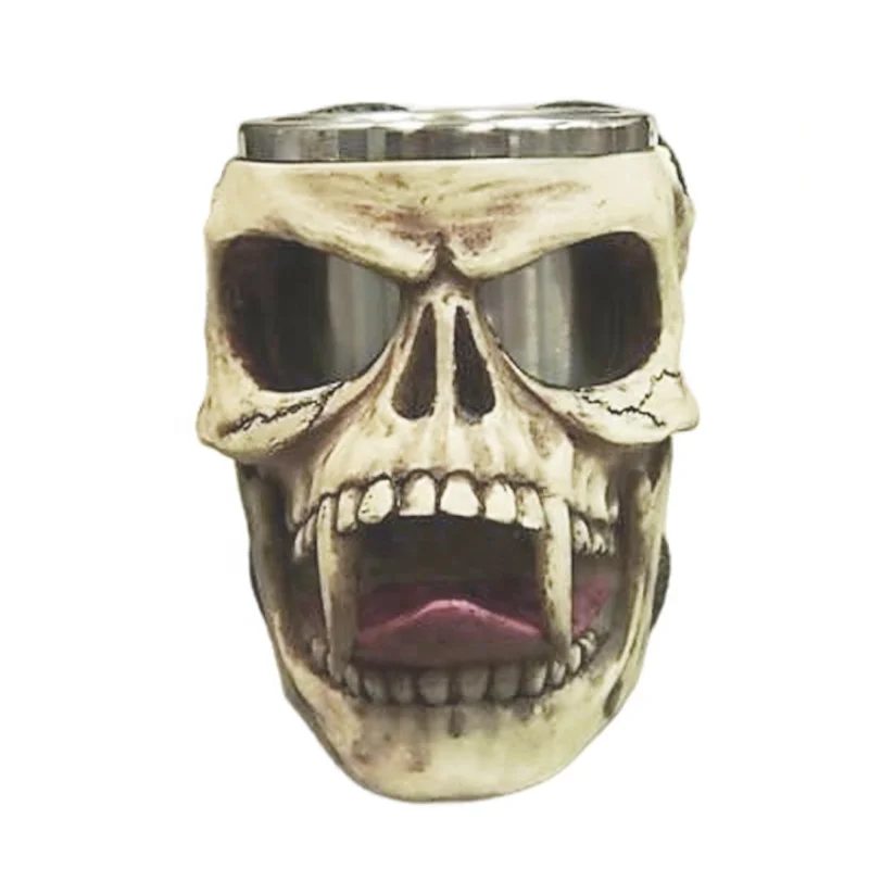 Custom Handmade Removable Polyresin with Stainless Steel Unique 3D Horn Demon Skull Drinking Cup Tankard Double Wall Beer Mug