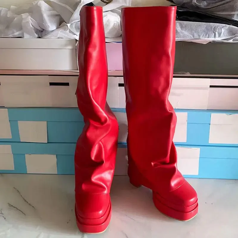 Shop Our Latest Wide Shaft Orange Leather Knee High Boots