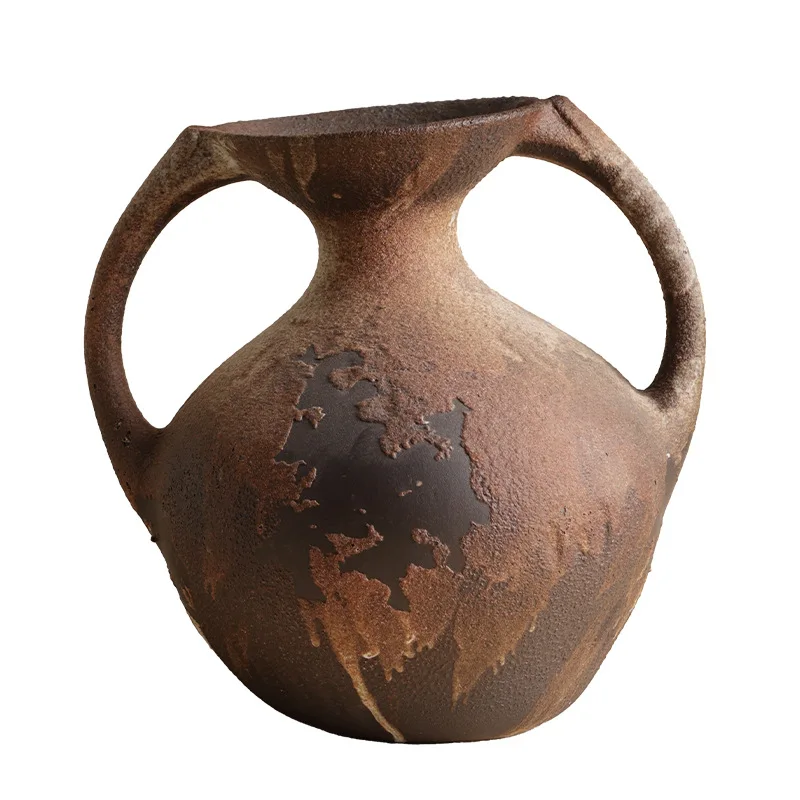 Wabi Sabi Ceramic Vase with Two Handles Rustic Brown Black Gradient Finish Vintage Style Home Decor Dried Flower Arrangement