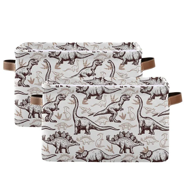 Rectangle Storage Bin Collapsible Dinosaur Laundry Basket With A Leather Handles Non Woven