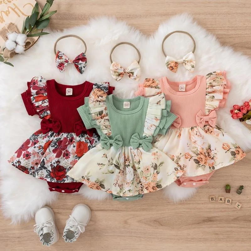 Hot Sale Summer Baby Girls Short Sleeve Romper Dress Infant Flower Jumpsuit With Hairband Fashion Baby Newborn Princess Clothes