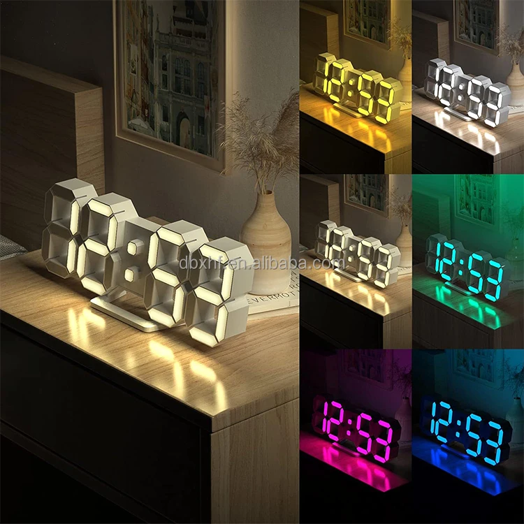Hot Sale Ins Modern Home Decor 3 Brightness Levels Night Light Wall Table Desk 3D White Digital LED Alarm Clock