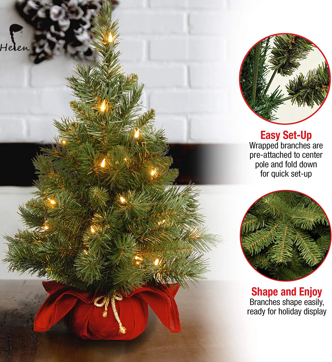 Helen Prelit Artificial Christmas Tree With Lights And Wooden Base