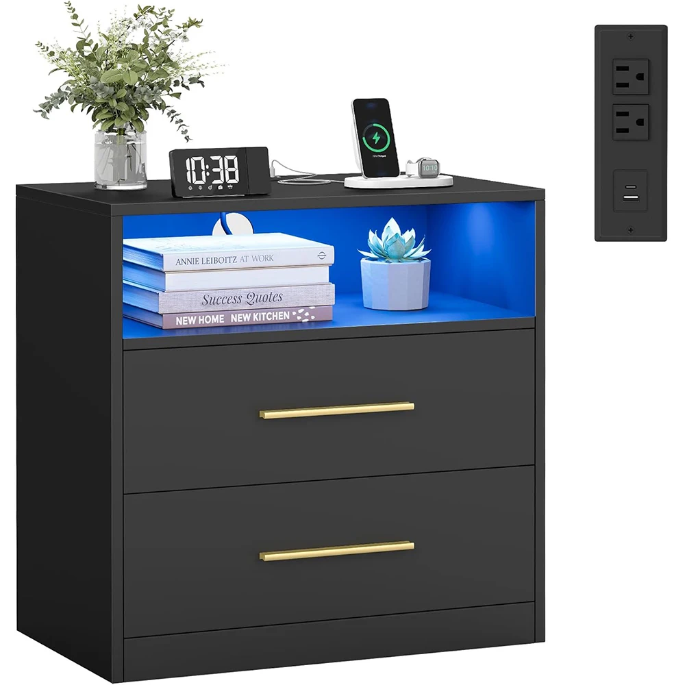 23.6 Inch Wide Wooden Durable Nightstand Charging Station LED Lights Modern Side End Table Drawers Open Shelf 2 AC Outlets USB