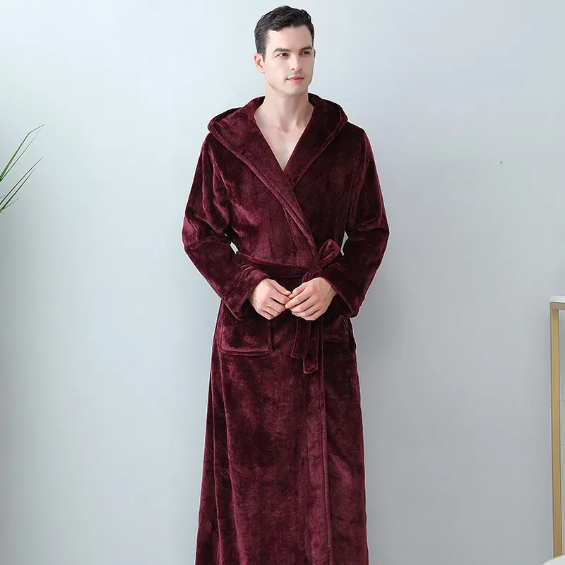 Autumn Winter Thickened Long Bathrobe Women's Winter Coral Fleece Men's Solid Hooded Pajamas Couple's Flannel Nightgown