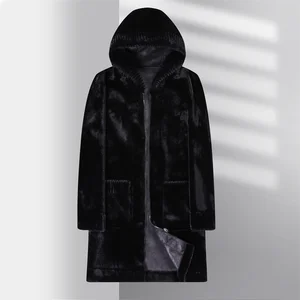 Luxury Fashion Male Winter Overcoat Long Double Faced Black Faux Mink Fur Coat With Hood