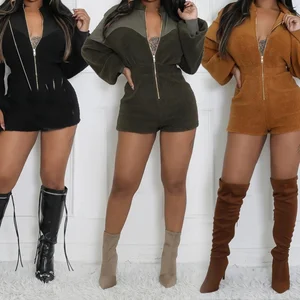 Viviblook Z1119RP 2026 Autumn New Fashion Women Solid Color Zipper Fleece Patchwork Jumpsuits High Bodycon Rompers for Party