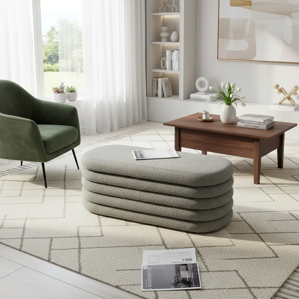 New Design Factory Wholesale Modern Design Long Size Large Flowing Appearance Fabric Foot Rest Stool Seat Storage Ottoman Bench