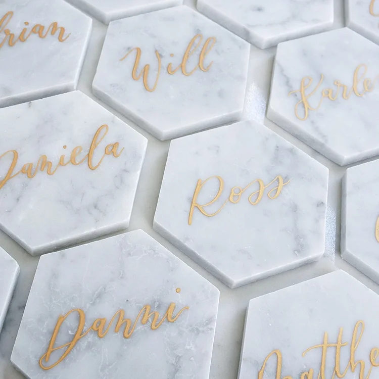 product hot selling customized logo beautiful marble craft pure carrara white marble hexagon coaster-2