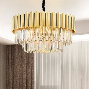 High Grade Chandelier Lobby Stainless Steel Iron Luxurious Round Golden Led Crystal Chandeliers