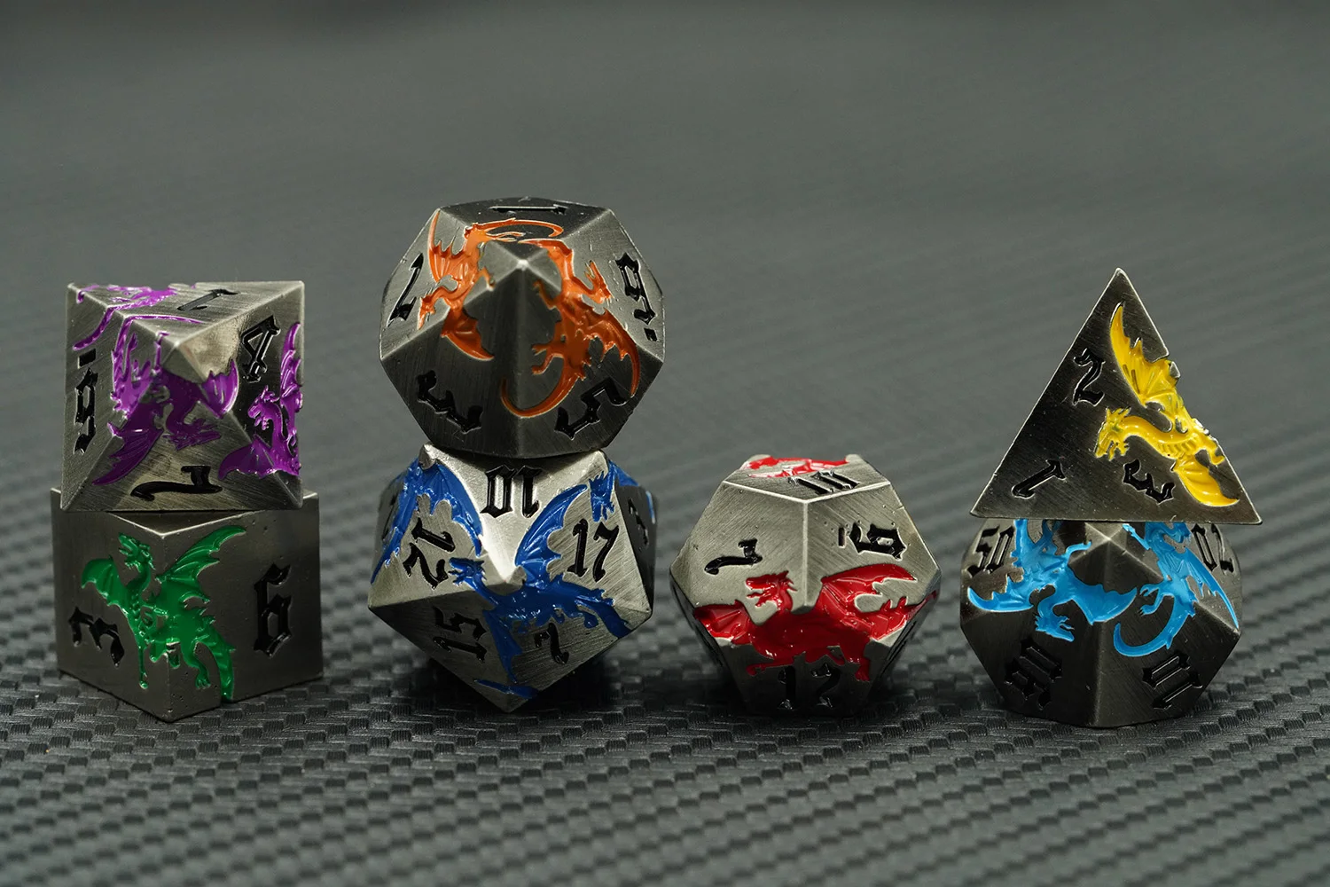 Colorful Rainbow Dragon 7pcs Zinc Alloy Polyhedral Metal Dice Set 16mm Square Shape with Custom Logo for DND Board Games factory