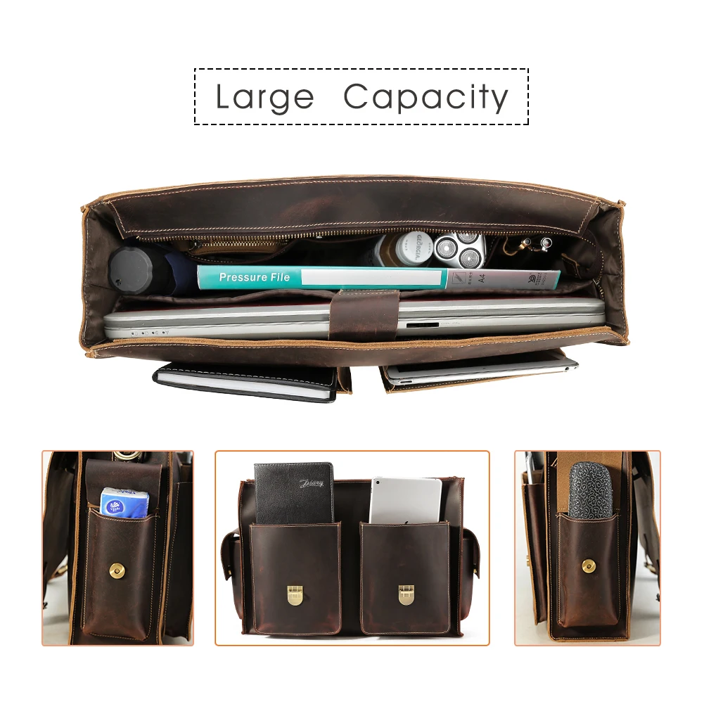 2025 Hot Selling Design Vintage Men Large Capacity 100% Genuine Cow Leather 17 Inch Laptop Bag Briefcase for Men