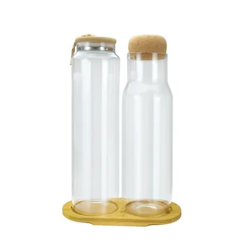 56H Large ML Glass Bottle Receiving Jar Set with Bamboo Tray Milk Juice Storage Organiser Bottle