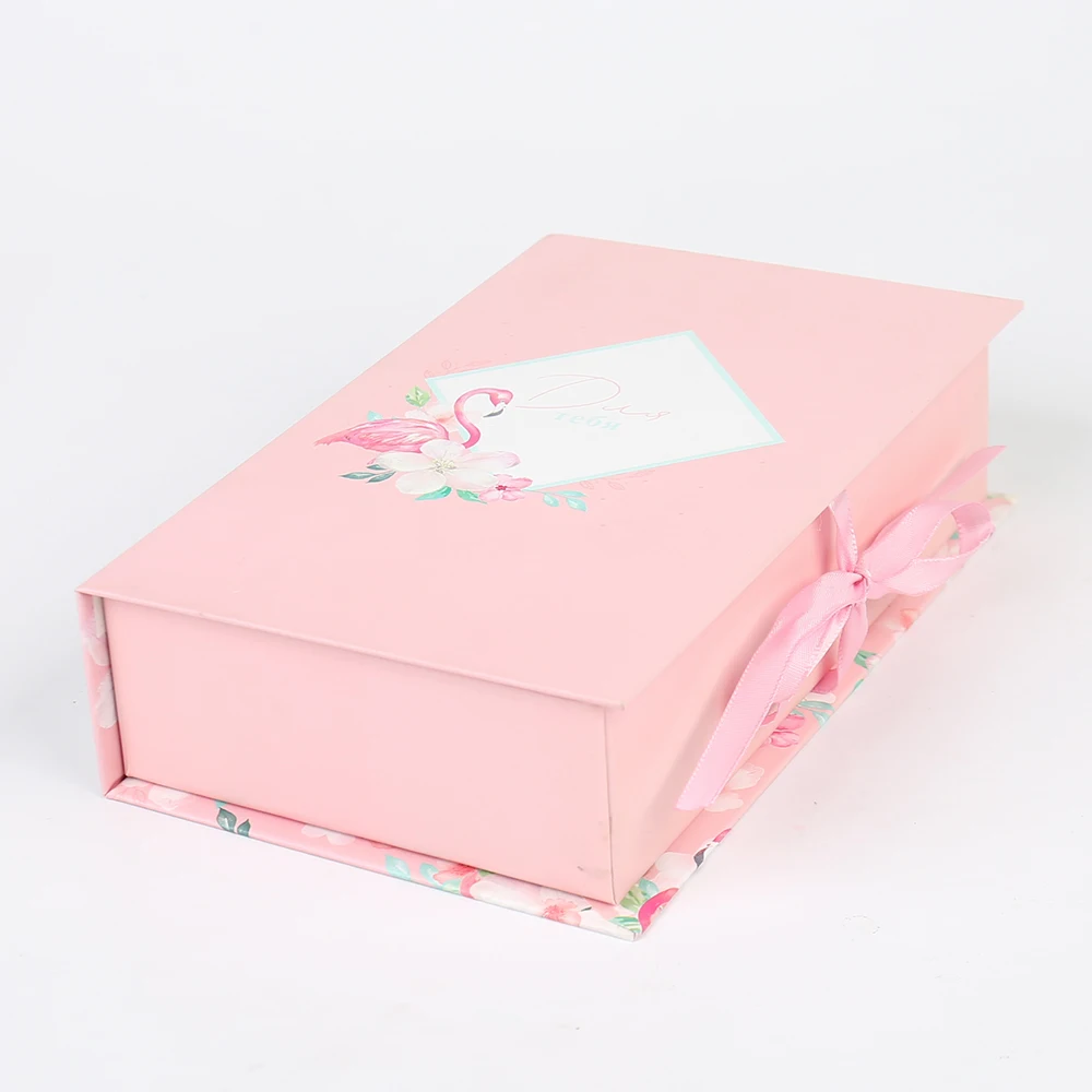 product customized book shaped box pink special paper gift boxes flamingo design logo custom rigid flip box with ribbon for perfume-42