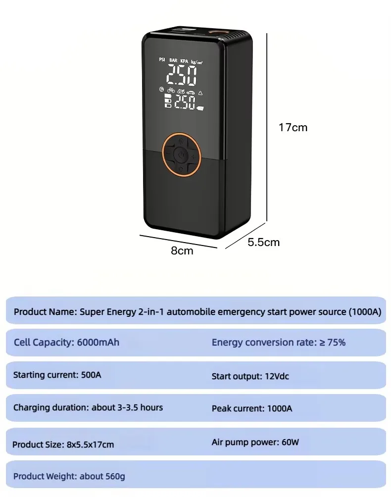 AdoreTrip 8000A Jump Starter With Air Compressor & Power Bank – 12V For Gas/Diesel