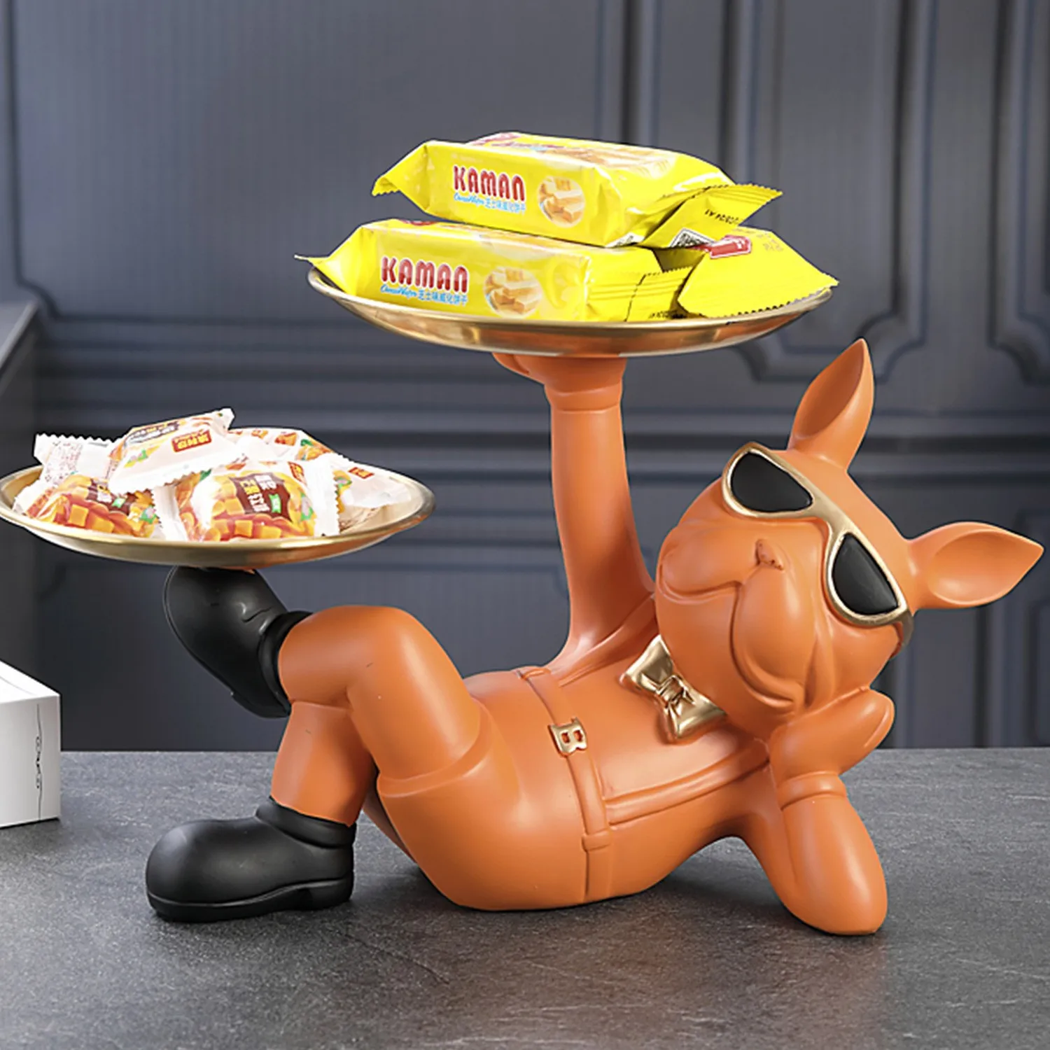 Resin Bulldog Statue with Two Storage Trays Dog Butler Home Decor Sculpture Key Dish for Entryway Table