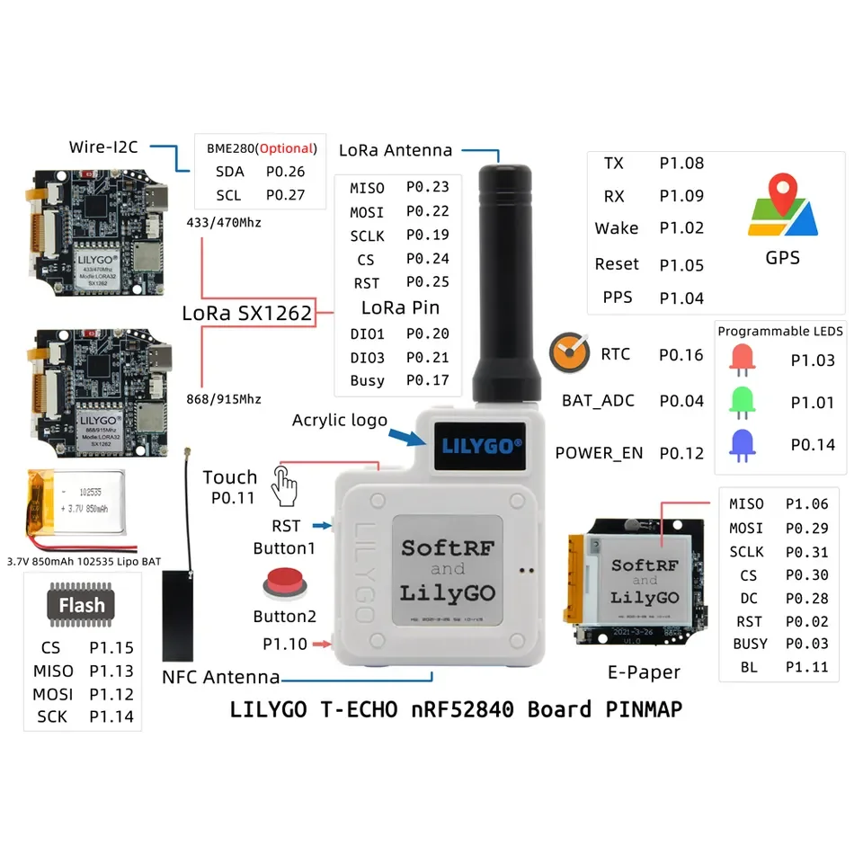 【新品未使用】LILYGO TTGO SotfRF T-Echo 915mhz LILYGO TTGO T-Echo Wireless Module with GPS & LoRa