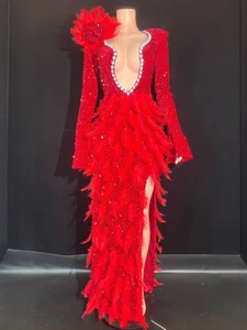 Elegant Red Floor-Length Party Dress for Women Luxury Evening High Slit with Sequins Rhinestones Woolen Fabric