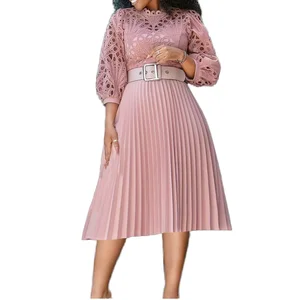 New Eco-Friendly Modest Women's Puff Sleeve Lace Dress Plus Size Office Workwear Natural Waistline Sashes African Environments