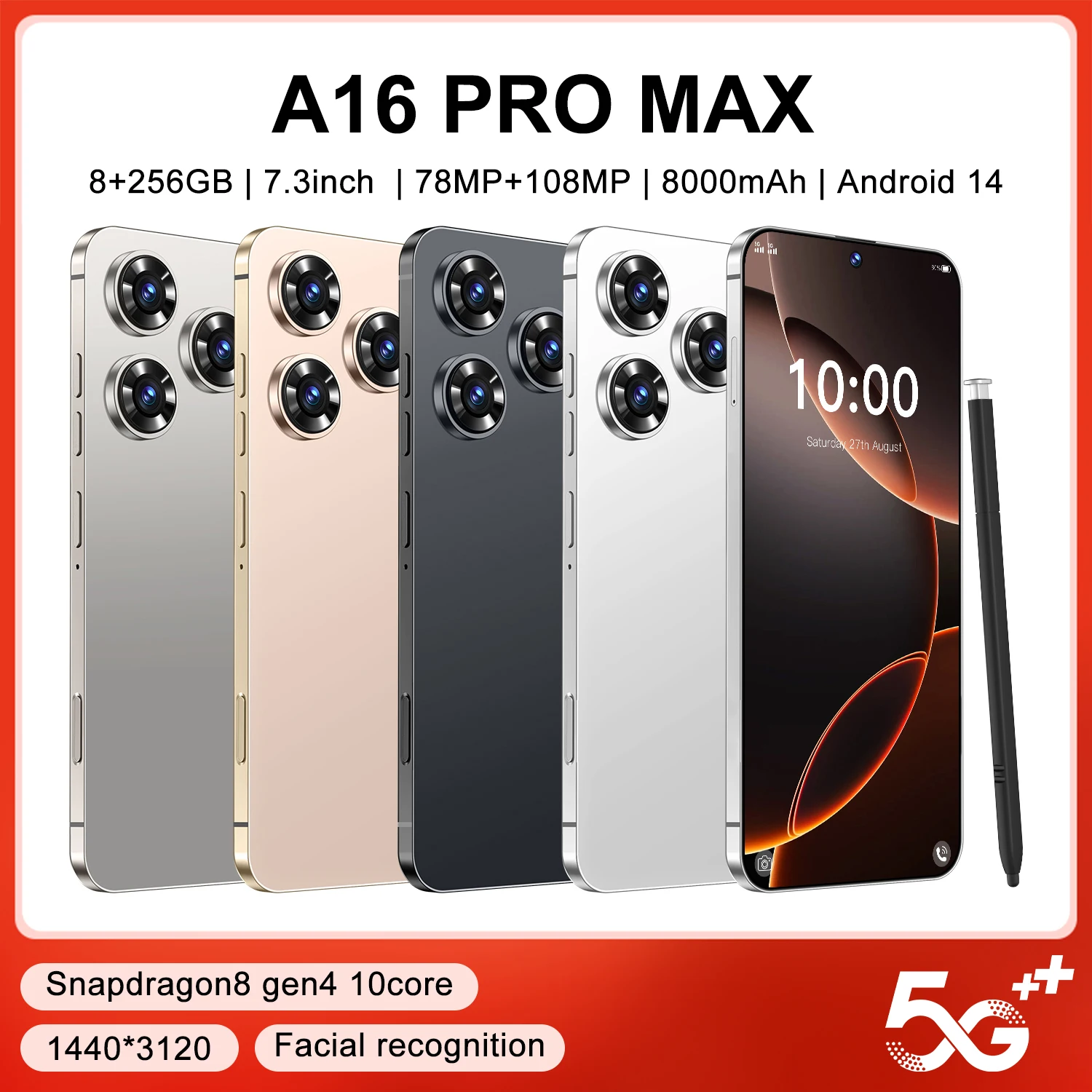 A16 Pro Max - Smartphone Android 14 Débloqué 5G/4G, écran 7.3", Appareil Photo 78MP+108MP, 8000mAh - Noir - 6