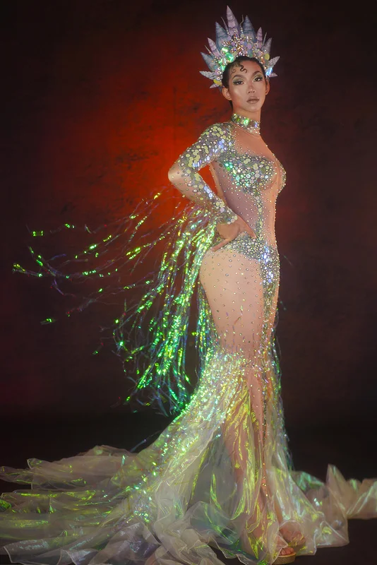 Sexy Rhinestone Mermaid Long Dress for Women - Drag Queen Stage Costume,  Evening Prom Gown with Crystal Tassels
