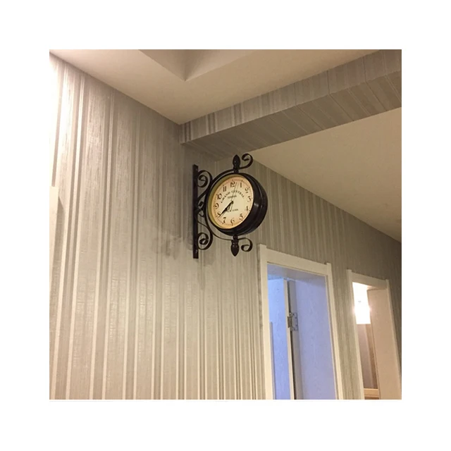 European Style Retro Wall Clock Simple Living Room Home Decor with Scenic Pattern Wrought Iron Double-Face Needle Display