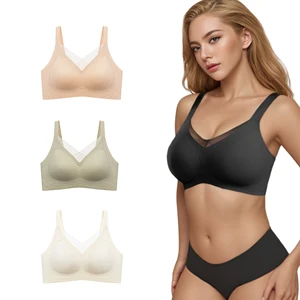 Lace V Neck Adjustable Wide Shoulder Strap Bras Comfort Wirefree Seamless Fixed One-piece Pad Push up Bra for Big Bresat Women