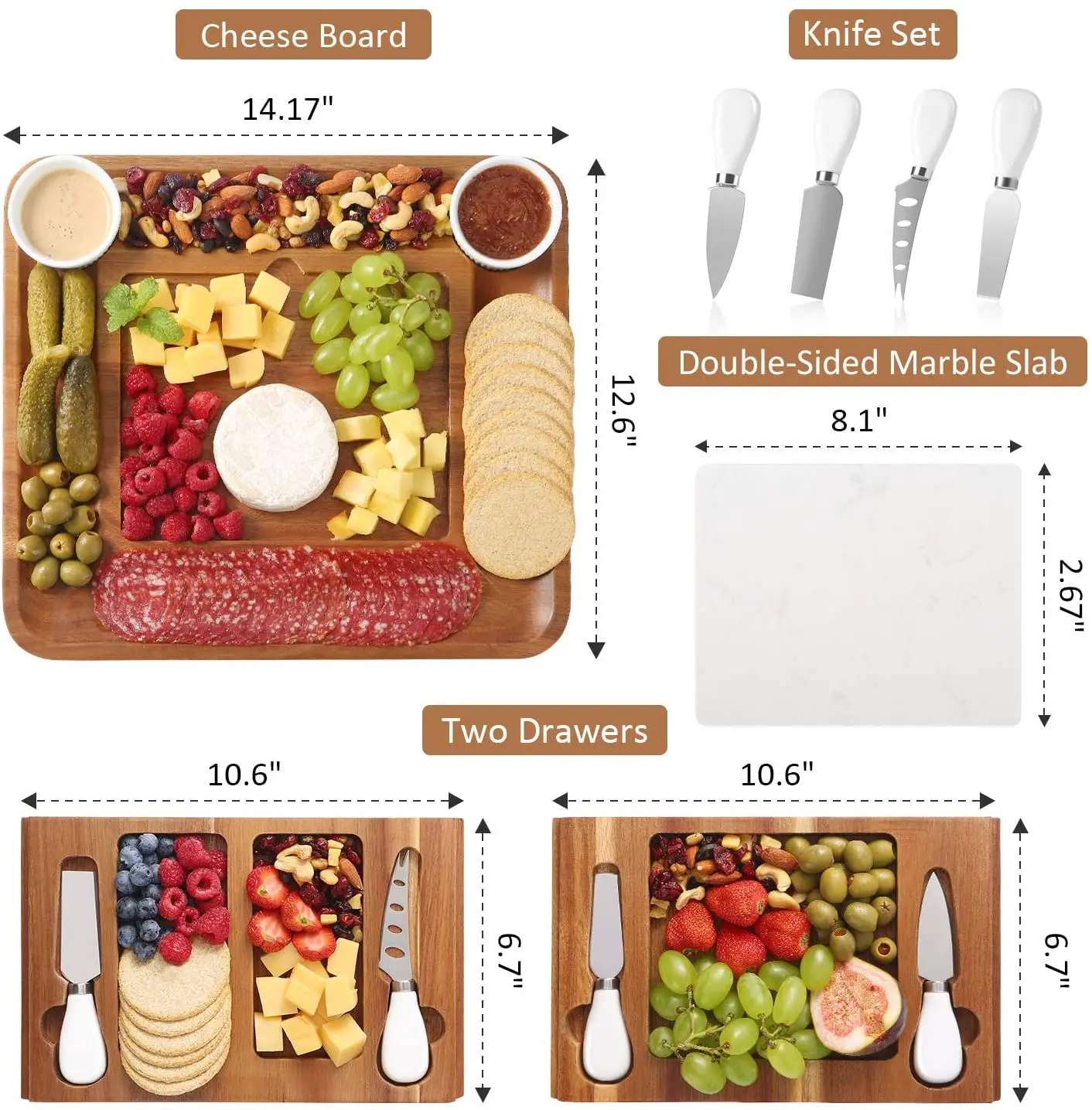 Combohome Cheese Board and Knife Set Acacia Charcuterie Boards Platter Serving Tray with Double Side Marble Slab