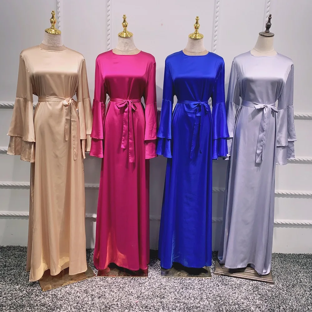 EID Modest wear satin Abaya dress Muslim women solid color wrap dress Dubai summer clothes