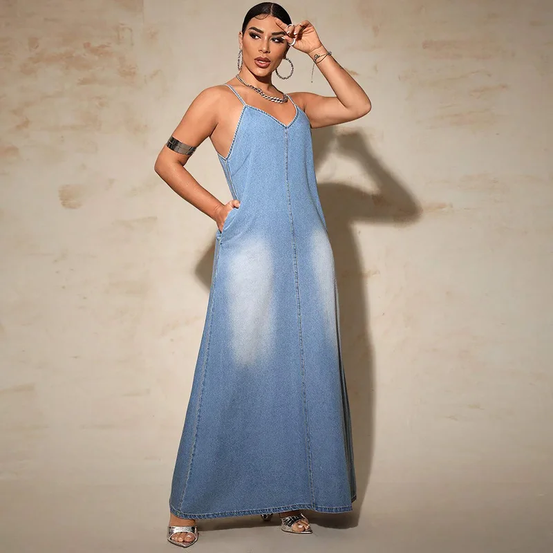 Plus Size Women's New Washed Streetwear Denim Suspender A-Line Long Dress manufacture