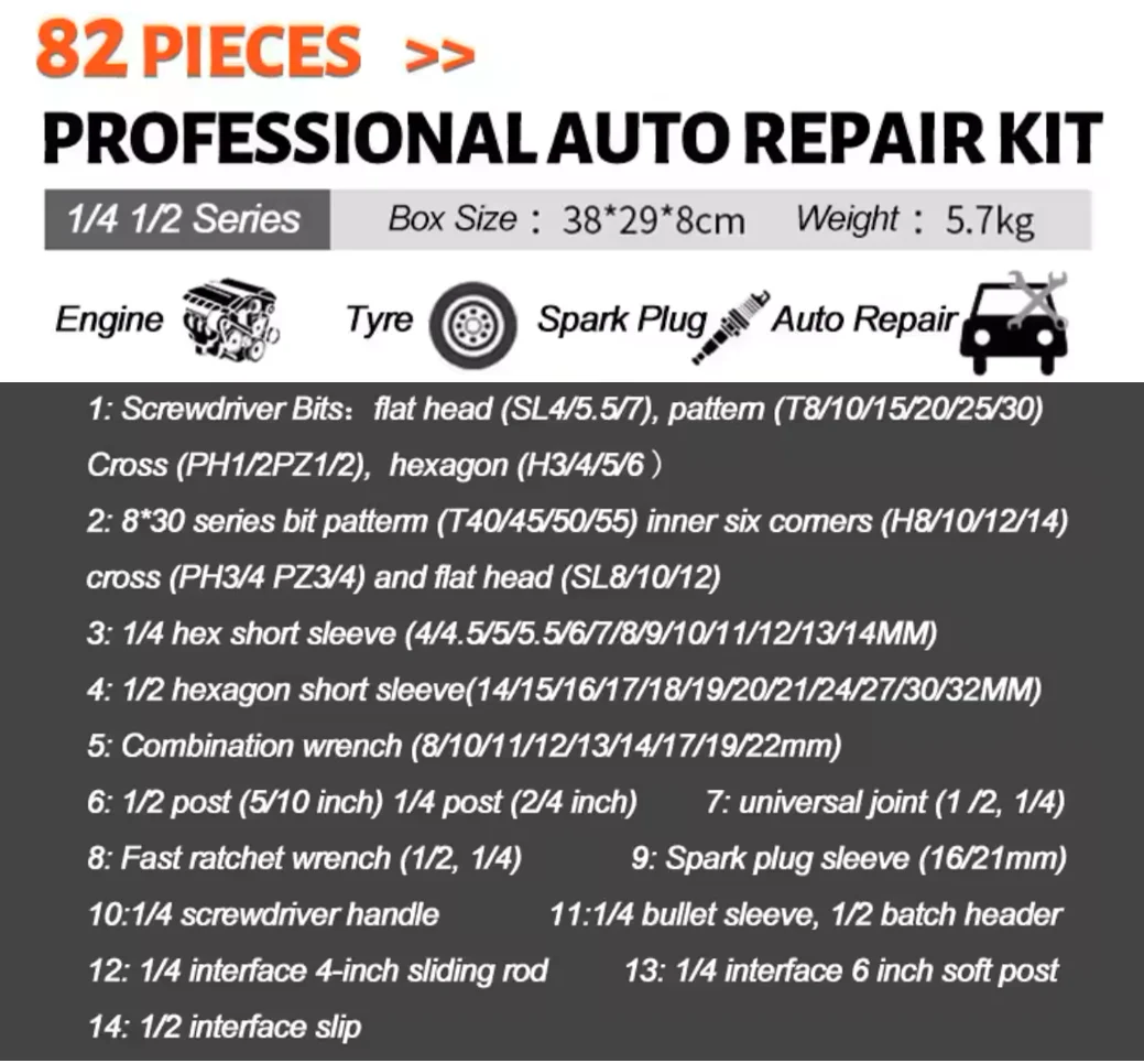 82 Pieces Repair Hand Tools Automotive Mechanic Tool Box 82pcs Drilling Machines Ratchet Wrench Socket Tool Kit Set