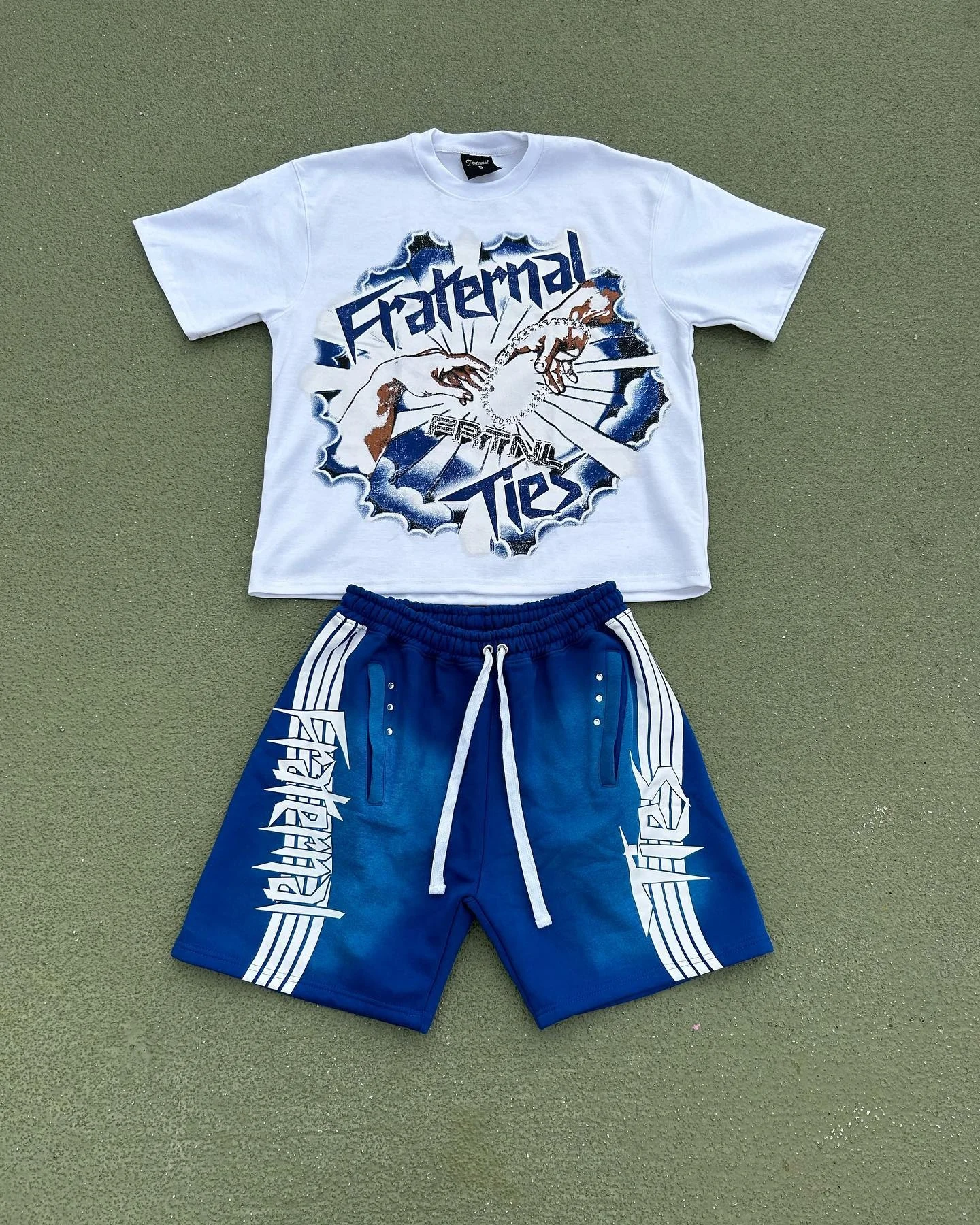 Custom Two Piece Rhinestone Screen Print Cotton Acid Wash Sun Faded T Shirt and Distressed Side Stripe Sweat Shorts Sets for Men gallery 3