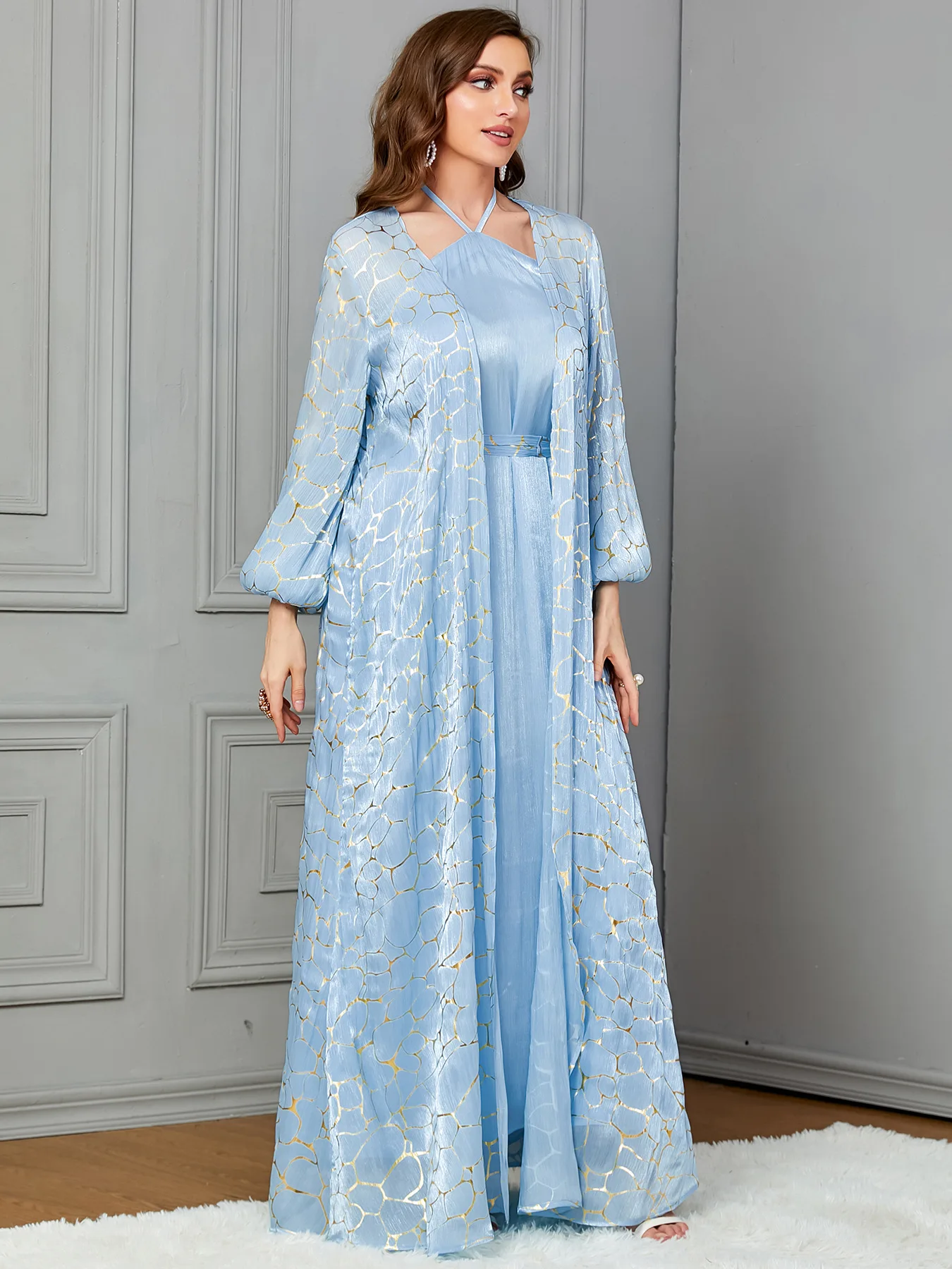 Ramadan arabe moyen-orient maroc 2024 nouveau musulman luxe mode mousseline  de soie couleur unie col en v or ruban ample pièces ensemble robe