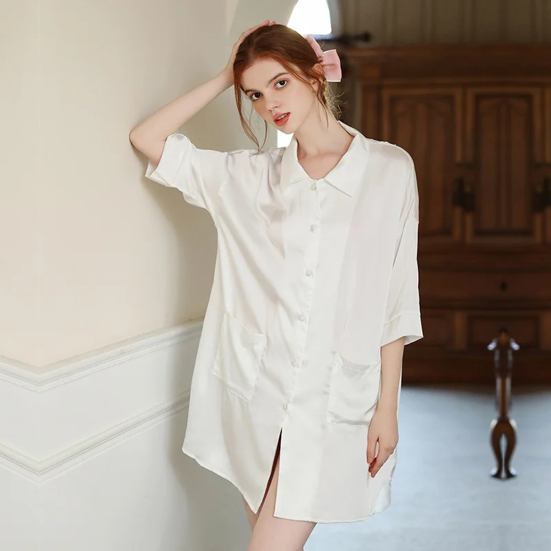 Summer Nighty Designs Ladies Fashion Night Dress Plus Size Sleepwear Ice  Silk Sexy Pure Color Lace Pajamas for Women Night Shirt