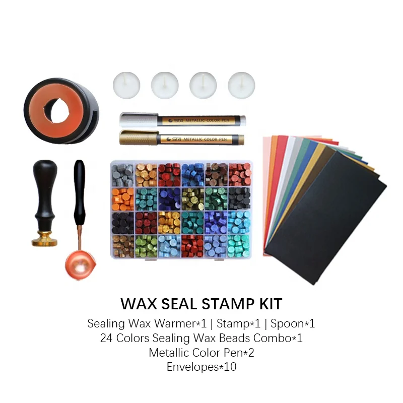 Wax Seal Stamp Kit with Gift Box, Wax Seal Beads with Wax Seal Stamp, Sealing Wax Warmer, Wax Seal Metallic Pen and Envelope, Wax Seal Kit for Gift