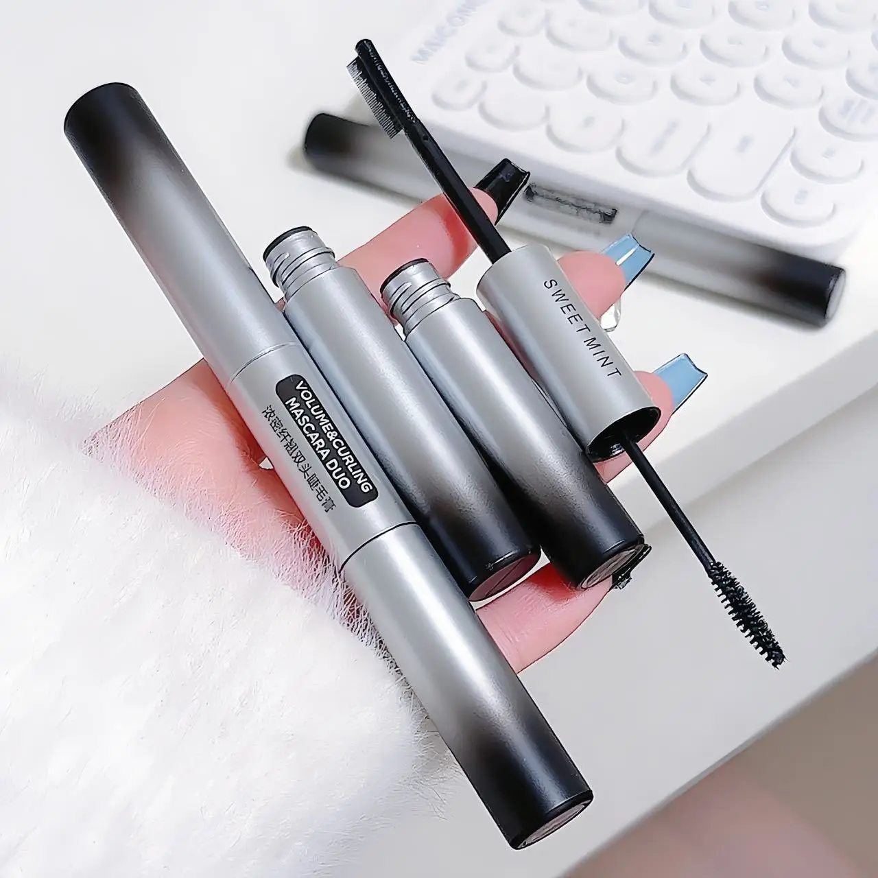 SWEET MINT Double Ended Double Brush Mascara Thick Long Curl Thin Slender Brown Black Eyelash Mascara Waterproof Natural Makeup
