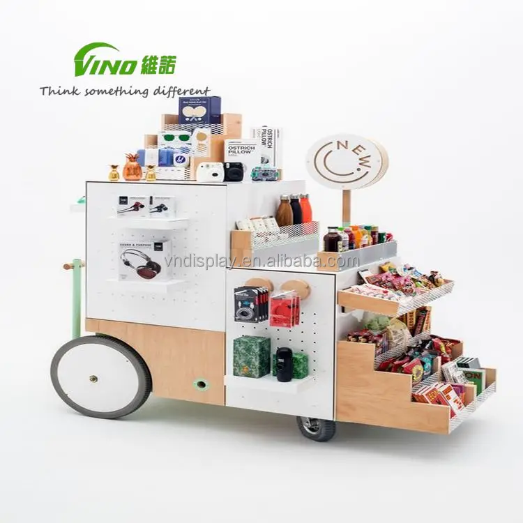 Mobile Candy Cart Wooden Stand with Handle and Pegboard for Lollipop and Ice Cream