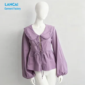 Clothing Vendor Custom High Quality Lace up Puff Sleeve Peter Pan Collar Women Cotton Peplum Blouse