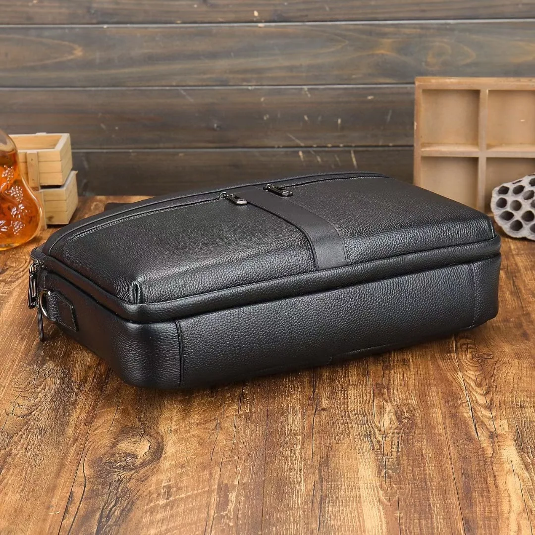 Drop Shipping Cow Leather 15.6 Inches Case Messenger Business Bag Real Black Pebble Genuine Leather Computer Laptop Briefcases